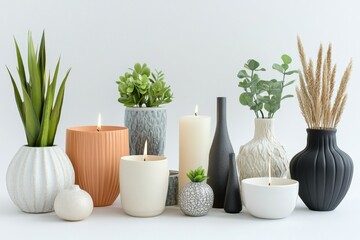 Aufkleber - A stylish arrangement of decorative vases, lit candles, and small potted plants creates a fresh and modern aesthetic on a white surface. Generative AI