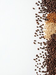 Leinwandbilder - Different types of coffee beans are artfully arranged on a white surface, leaving a blank area on the right for additional information. Generative AI