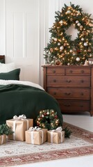 Wall Mural - A warmly decorated bedroom features a tall Christmas tree adorned with lights, surrounded by gift boxes. Stockings hang above the bed, creating a festive and inviting atmosphere