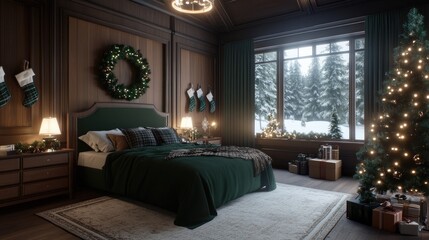 Wall Mural - A warmly decorated bedroom features a tall Christmas tree adorned with lights, surrounded by gift boxes. Stockings hang above the bed, creating a festive and inviting atmosphere