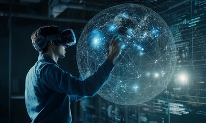 Software developer holding global network structure in augmented reality