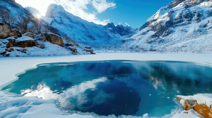 Wall Mural - winter wonderland: sunlight shines on a partially frozen lake, casting a reflection of the snow-capp