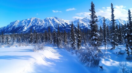 Wall Mural - captivating winter scenery with snow-covered pine trees set against a stunning backdrop of snow-capp