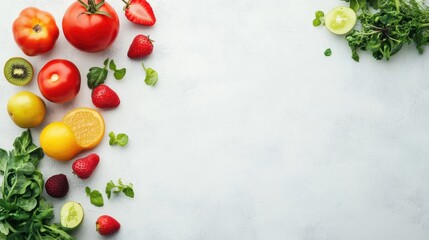 Poster - A vibrant display of fresh fruits and vegetables on a clean white background emphasizes the beauty and health benefits of wholesome food. Generative AI