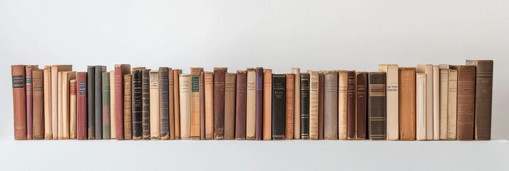 Poster - A collection of books featuring various genres is lined up on a clean white background. Generative AI
