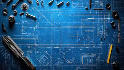 A blueprint-themed design featuring detailed technical drawings and various tools overlaid, creating an intricate and professional look.