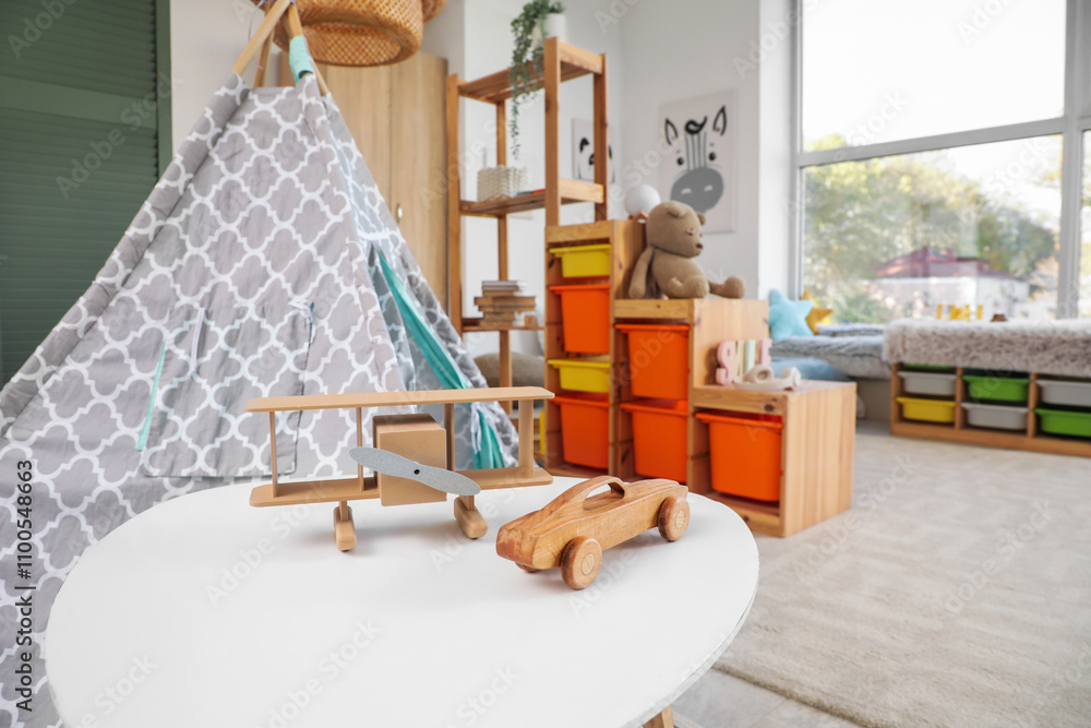 Toys on table in children's room, closeup