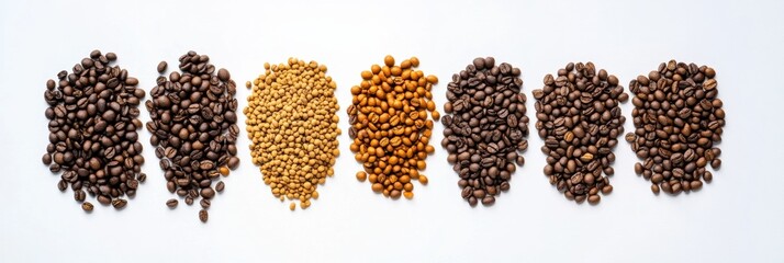 Poster - Different types of coffee beans are arranged neatly on a white surface, with space on the right for additional text or information about coffee. Generative AI