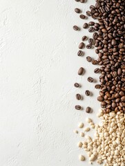 Leinwandbilder - Various types of coffee beans are scattered on a white background, creating contrast and leaving blank space for additional text. Generative AI