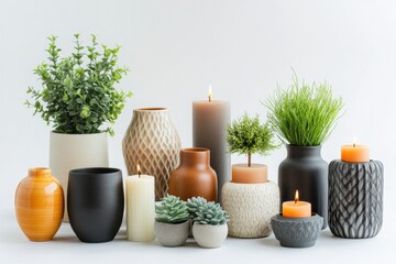 Aufkleber - A variety of decorative items including vases, candles, and small plants are artfully arranged, enhancing home decor with a fresh and inviting look. Generative AI