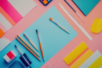 Poster - Brightly colored art supplies like brushes, paints, and various papers are neatly organized, inviting creativity and artistic expression. Generative AI