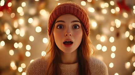 Wall Mural - Surprised Young Woman with Holiday Lights in Background