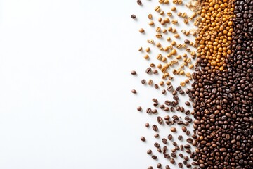 Leinwandbilder - Various types of coffee beans are spread out on a white background, with ample blank space on the right for text or graphics. Generative AI
