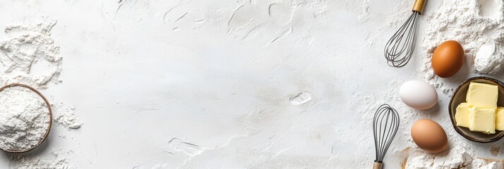 Poster - Flour, eggs, a whisk, and butter are beautifully arranged on a clean surface, ready for delicious baking creations with room for writing. Generative AI