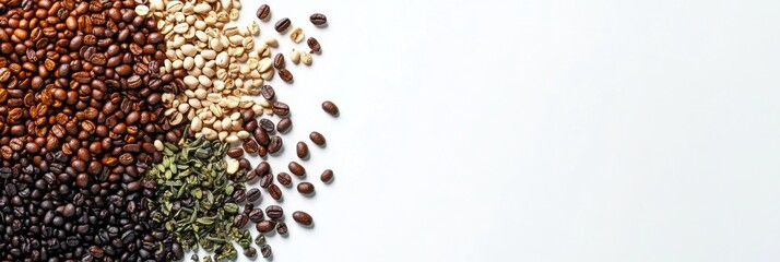 Poster - Different types of coffee beans are arranged on a white background with open space for text, highlighting their unique characteristics. Generative AI
