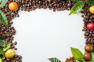 Leinwandbilder - Various coffee beans are spread out on a clean white surface with vibrant leaves and fruits framing the edges, allowing for custom text placement. Generative AI