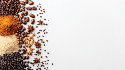 Aufkleber - A selection of diverse coffee beans and spices is arranged on a white background, showcasing their rich colors and textures. Generative AI