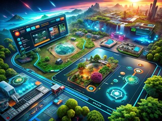 aerial view of a futuristic game gui design with vibrant colors and interactive elements over a digi
