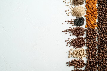 Aufkleber - Various types of coffee beans are spread out on a clean white background, leaving ample space for additional text or branding. Generative AI