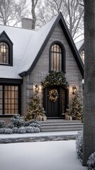 Poster - Cozy house bathed in soft light on a snowy night, with a festive tree shining brightly in the foreground, enhancing the winter charm