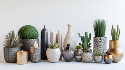Poster - This setup showcases a diverse range of stylish home decor items, including vases, candles, and unique figurines, perfect for enhancing any space. Generative AI
