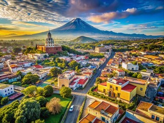 Wall Mural - Aerial View of Colorful Atlixco, Puebla, Mexico with Popocatepetl Volcano in the Background, Showcasing Vibrant Architecture and Lush Greenery for Perfect Travel Imagery