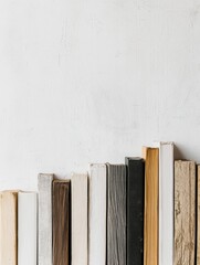 Poster - A diverse array of books showcasing different genres is artfully lined up against a clean white background, creating a minimalist aesthetic. Generative AI