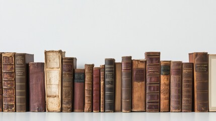 Poster - Various vintage books of different genres arranged neatly on a white background, highlighting their unique covers and textures. Generative AI