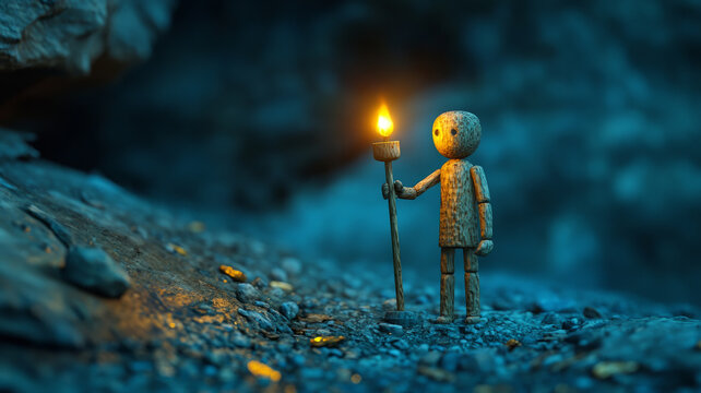 wooden figure with torch exploring in the dark