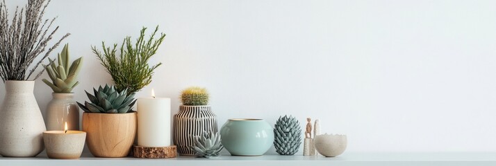 Poster - Collection showcases an array of vases, candles, and small plants thoughtfully arranged against a clean white backdrop, enhancing home decor. Generative AI