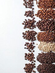 Poster - Different types of coffee beans arranged neatly on a white background, offering a perfect blank canvas for additional text or design elements. Generative AI