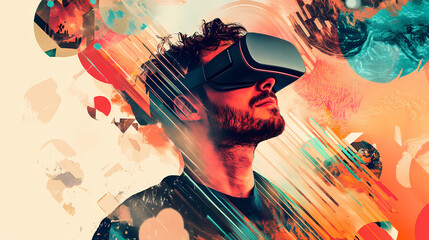 Canvas Print - Ai metaverse concept collage design with man wearing vr headset floating though abstract shapes, man with smart glasses futuristic technology generative ai. Futuristic. Illustration