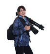 © New Africa - Photographer with backpack, camera and other professional equipment on white background