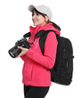 © New Africa - Photographer with backpack and camera on white background