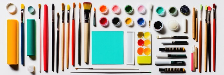 Poster - Colorful assortment of art supplies features brushes, pencils, paints, and paper arranged creatively on a white surface. Generative AI