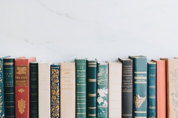 Poster - A collection of books from different genres lined up on a clean white background, displaying various colors and styles of covers. Generative AI
