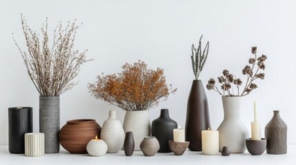 Poster - Decorative items include a variety of stylish vases, lit candles, and small plants, all arranged for a cozy and inviting atmosphere. Generative AI