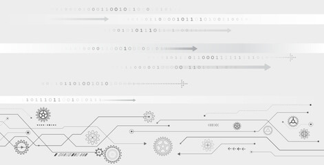 Wall Mural - Abstract high-tech communication for presentation or banner. Sci-fi grey background with different technological elements. Science concept, lines, arrows and gear mechanism.