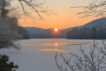 Winterliche Sonnenuntergangsreflexion über einem gefrorenen See

