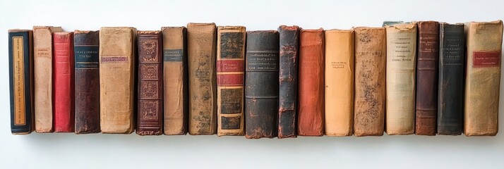 Poster - A lineup of vintage books of different genres arranged neatly against a white backdrop, highlighting their unique covers and textures. Generative AI