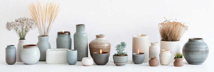 Aufkleber - A variety of home decor items like vases, candles, and small plants are thoughtfully arranged on a sleek white background, enhancing aesthetic appeal. Generative AI