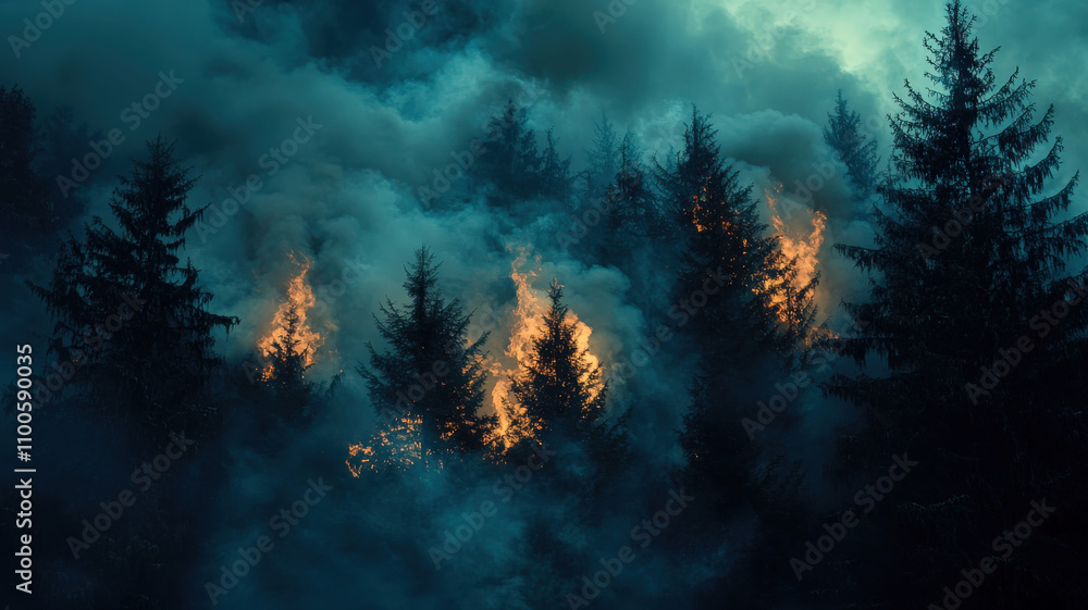 A forest fire consumes trees, with dense smoke filling the sky ...