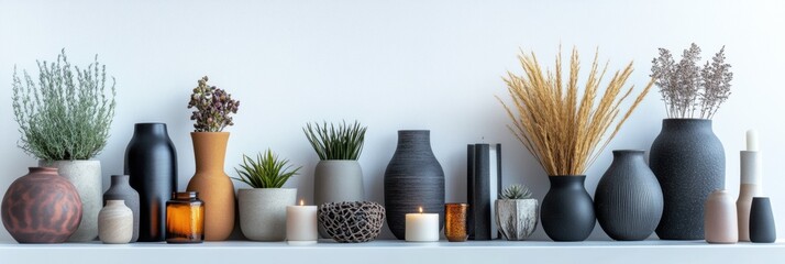 Aufkleber - A stylish arrangement of vases, candles, figurines, and small plants enhances the aesthetic of any modern living space on a white background. Generative AI