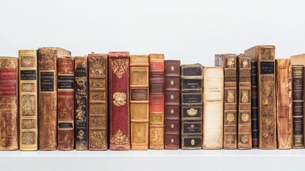 Poster - Classic books with ornate covers are lined up against a clean white background, showcasing various genres and styles. Generative AI