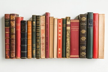 Poster - A colorful assortment of classic books is lined up on a clean white surface, showcasing different genres and bindings in an appealing display. Generative AI