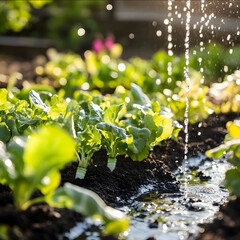 A closeup of a drip irrigation system installed in a raised bed garden The water is flowing gently through tubes efficiently hydrating the soil without overwatering T