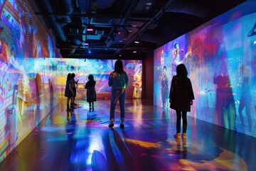 Fototapete - Interactive art exhibition featuring vibrant projections in a modern gallery space during the evening hours