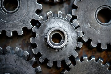 Leinwandbilder - Metal gears arranged in intricate patterns showcasing mechanical engineering and industrial design principles in a workshop setting
