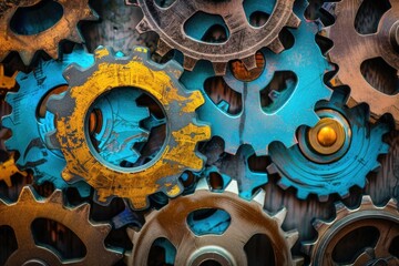 Aufkleber - Metal gears arranged in intricate patterns showcasing mechanical engineering and industrial design principles in a workshop setting