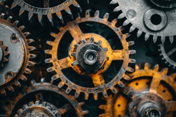 Leinwandbilder - Metal gears arranged in intricate patterns showcasing mechanical engineering and industrial design principles in a workshop setting